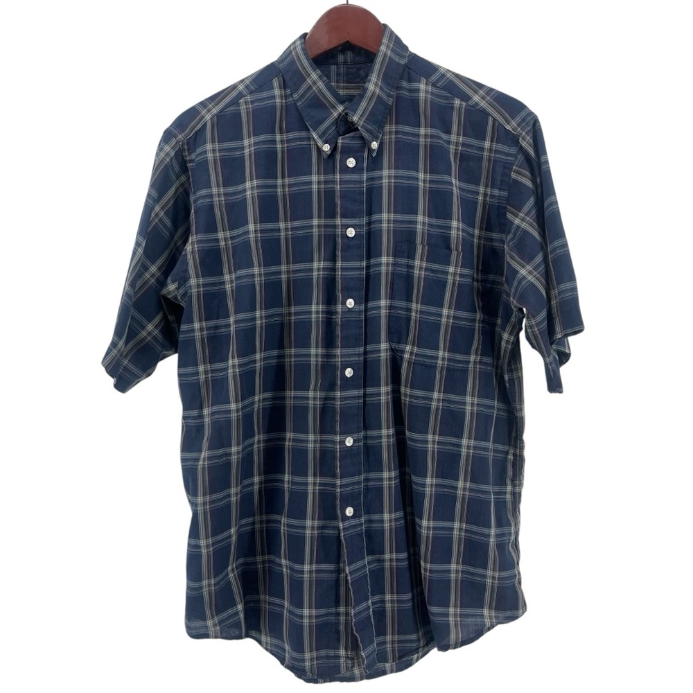 Strathmore Men's Blue Plaid Button Down Shirt Short Sleeve L 10706